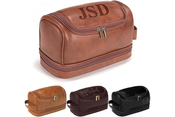 3-en-1 grand sac de toilette en cuir PU personnalisé pour les hommes, cadeaux de toiletteurs personnalisés suspendus sac d’organisateur de voyage, nom gravé au Laser monogramme (style2)