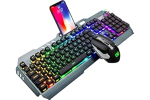 Hoopond Set tastiera e mouse da gioco ricaricabili wireless 2.4G, 4800mAh, 16 tipi di tastiera da gioco retroilluminata a LED RGB con manopola Contorl + 2400 DPI 7 colori Mouse con luce respirabile