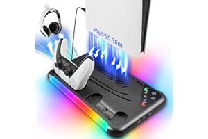 TECTINTER Support de Ventilateur de Refroidissement pour PS5/PS5 Slim Disc/Digital Edition avec Station de Charge pour Contrôleur,Noir