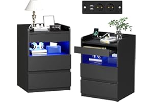 BEWISHOME Set di 2 Comodino,con Scomparto Nascosto(2Cassetti),Comodino con presa,Semplice e Versatile,con Funzione di ricarica,per Soggiorno,Camera da letto (Nero) EFCG02B