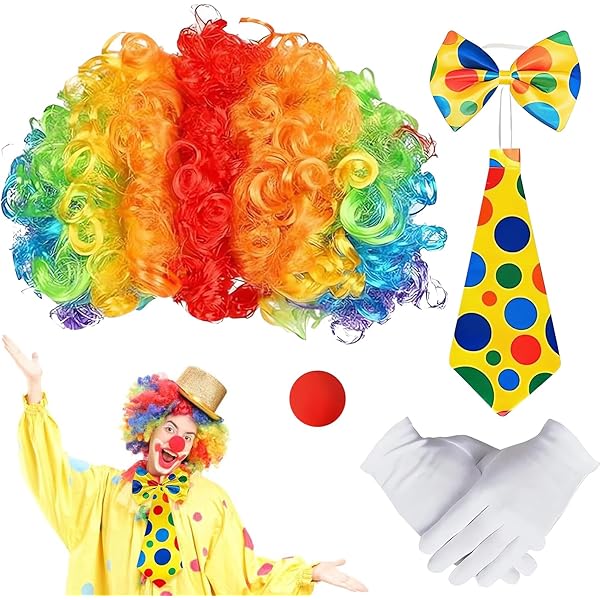Kit Costume Clown 4 Pezzi - Parrucca, Naso Rosso, Papillon E Guanti - Carnevale Halloween - Foto 3