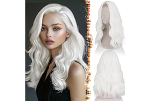 ‎BARSDAR BARSDAR 46cm Lange Gewellt Weiß Perücke, Mittel Länge Perücke für Frauen Schulter Länge Natürlich Haar Hitzebeständig Synthetisches Mittelscheitel Lockige Perücken Cosplay Party Halloween - Weiß