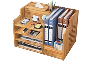 CATEKRO Organizer na biurko, drewno, pudełko do przechowywania, na biurko, cztery bezpłatne linijki, system porządkowania biurka, brązowy, oszczędność miejsca (brązowy)