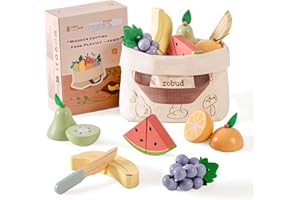 ROBUD Holz Kinderküche Zubehör Spielzeug-Lebensmittel, Obst Schneiden Lebensmittel für Rollenspiele Spielküchen mit Aufbewahrungstasche, Kinder Geschenke ab 3 Jahren – Obstset