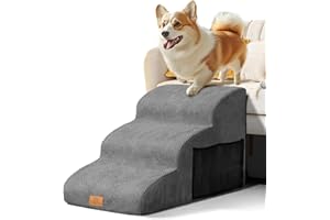 Scaletta per Cani 3 Gradini, Masthome Scala per Cani in Spugna, Rampa Cane per Letto/Divano, Scale per Cuccioli, Gatti e Animali Anziani/Feriti, con Copertura Rimovibile e Lavabile (Grigio)