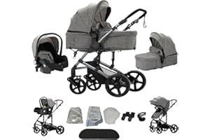 Magic ZC Kinderwagen 3 in 1, Kinderwagen Set Umkehrbarem Doppelschiebemodus, Kombikinderwagen 3 in 1 Großer Bequemer Babywanne, Buggy Rahmen Aluminiumlegierung Faltbar Hohe Landschaft (588 Grey)