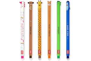 LEGAMI Lot de 6 stylos gel effaçables avec encre thermosensible, gamme de couleurs d'encre et corps rond, pointe de 0,7 mm, licorne, ours en peluche, girafe, corgi, dinosaure, requin