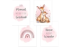 POLYMEDIA 4er Set Baby DIN A4 Bilder mit Reh, Regenbogen und Sprüchen, Poster mit Tiermotiv für Babyzimmer, 200g/m² Papier, Kinderzimmer Wanddeko, für Bilderrahmen, Dekoration für Jungen & Mädchen, Rosa