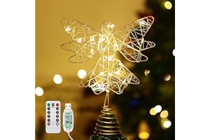 Lewondr Estrella de Navidad para Copa del Árbol, 25CM Adorno de Árbol Forma de Ángel con Luces por USB con Mando a Distancia y 6H Temporizador, Estrella para Punta de Árbol Decoración Hogar, Oro