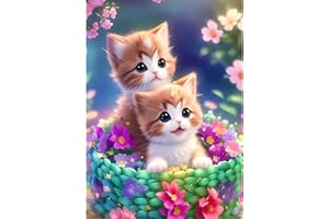 MXJSUA 2 Gatos y Flor Diamond Painting Kits para Niños DIY 5D Completo Cristal Pintura de Diamante Set para Adultos Redondo Taladro Cuadro de Diamantes Kits para Hogar Decoración 30x40cm