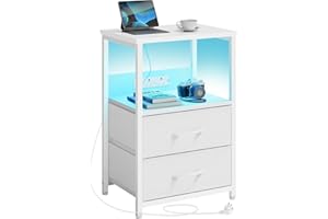 Seventable LED Bedside Table with Charging Station & 2 Storage Drawers - Small Nightstand with Double Plug Adaptor UK & 2 USB - Slim Bedside Cabinet for Bedroom Living Room Sofa Couch (1, White)