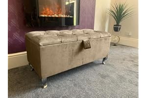 SK LUXURY LIVING Ottoman Storage Box - Engineered Wood Fabric Buttons Luxurious Plush Velvet Ottoman Storage Bench, Perfectly Designed Ottoman for Bedroom Storage (Mink Plush, Legs)