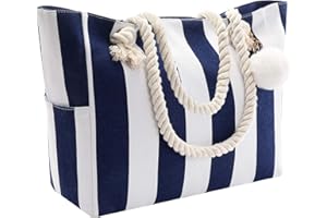 crazy bean Bolso de Playa Para Mujer Grande Bolso Shopper Bandolera con Cremallera Bolso Tote de Rayas Para Universitarias Organizador Bolsos Tela para Voyage