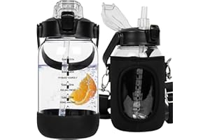 Seekua Szklana butelka na napoje, ze słomką i znacznikami czasu, szczelna, duża butelka na wodę, nadaje się do smoothie, nadaje się do mycia w zmywarce, 1 l