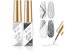 Rechoo 2pcs Pintauñas Gel Brillo , Reflective Glitter Esmaltes Semipermanentes para Uñas de Negro y Plateado, 8ml Black & Silver Liner Nail Gel Polish, Semipermanente Gel para Uñas