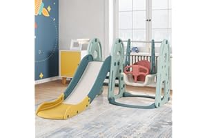 RELAX4LIFE Set di Scivolo 4-in-1 per Bambini, on Altalena Regolabile in Altezza, Scalatore, Canestro da Basket e Pallone, Pompa, Parco Giochi Autonomo per Bambini 18 Mesi +