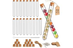 PEAKTOP 15 Tube à Essai avec Liège, 20ml Tubes à Essai en Plastique Transparent, Éprouvettes à Essai Bouteille avec Corde de Jute et Pendentif, pour Laboratoire Perles Bonbons Fleurs Plantes et Liquides