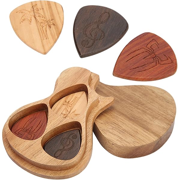 Custodia In Legno Per Plettri Chitarra Con 5 Plettri Inclusi - Regalo Perfetto Per Musicisti - Foto 13