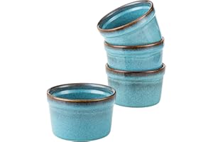 HENXFEN LEAD Lot de 4 moules à soufflé, 240 ml, pour crème brûlée, petits plats à gratin pour de délicieuses viandes assaisonnées, ragoûts, pudding et crème brûlée, bleu réactif