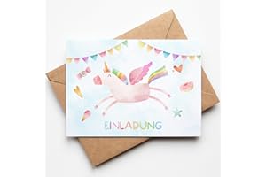 PAPERLANE BY ESSI 10 Einhorn Einladungskarten für Kindergeburtstage mit Umschlägen, Süße rosa Einladung für Mädchengeburtstag zum Ausfüllen, Mädchen Geburtstagseinladung Mottoparty Einhorn