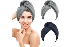 Nimisyra 2 Pezzi Asciugamano Super Assorbente con Bottone, turbante asciugacapelli,asciugamano per capelli,Assorbente e Asciugatura Rapida, per Capelli Lunghi e Ricci,Grigio Chiaro & Blu Scuro