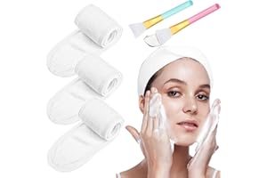 WAYMAYTECY 3 Stück Makeup Haarband, Verstellbares Stretch-Handtuch mit Magic Tape mit 2 Stücke Silikonpinsel, Spa Gesicht Stirnband für Schminken und Gesicht Waschen Frottee Haarband(Weiß)