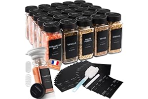 Vikcvcsc Pot à Épices en Verre et Bois, 25 Pièces Bocaux à Épices avec Étiquettes d'épices Françaises, 120ml Boite à Épices Cuisine Rangement, Bocal Epices avec Tamis, 308 Étiquettes, Entonnoir