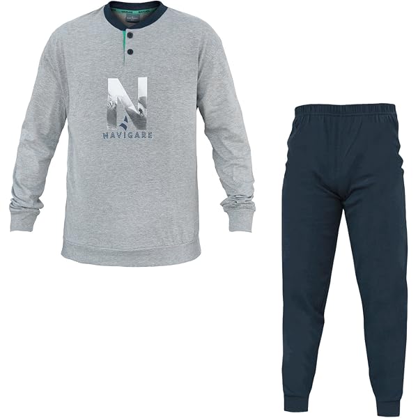 Pigiama Uomo In Cotone Jersey Fresco - Manica Lunga, Blu Navy, Comodo E Traspirante