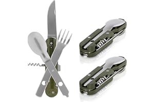 KOSXBO 2 x Outdoor Bundeswehry sztućce stal szlachetna sztućce kempingowe zestaw 6-częściowy zestaw sztućców kempingowych, kolor srebrno-zielony