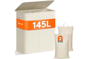 Lifewit 145L Panier à Linge 2 Compartiment avec Couvercle, Grand Corbeille à Linge avec Poignées, Panier Linge Sale avec 2 Sacs à Linge Amovibles, Pour Chambre, Salle de Bain, Buanderie, Blanc