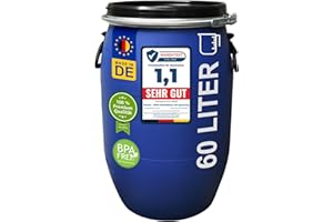 plasteo® 60 Liter Deckelfass Weithalsfass mit Spannverschluss | Futtertonne | Universalfass | Lagerfass | Campingfass | Transportfass | Regenfass | Stapelbar | IKG Gütezeichen | Blau