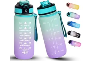 BierEx Children's Drinking Bottle, 600 ml, BPA-Free Tritan Water Bottle with Straw, Sports Water Bottle with Time Marking for Fitness, School, Yoga, Outdoor (Light Green Purple)