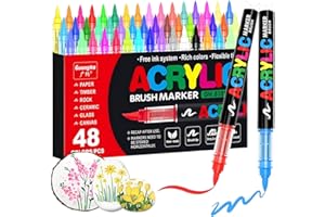FYBAPRO Feutre Acrylique, Stylos Acryliques à Pointe Pinceau-48 Couleurs Marqueurs Pienture Acrylique pour le Coloriage Adulte, Acrylic Paint Markers , Calligraphie, DIY, Bois, Toile, Verre, Céramique..
