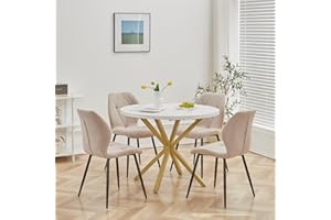 DEYARNA HOME Essgruppe 5-Teilig, 100cm Runder Esstisch und 4 Leinen-Esszimmerstühle, Esstisch und Stühle für 4 Personen, 4 Stühle & Tisch für Küche, Esszimmer und Wohnzimmer (Weiß/Gold+Khaki)