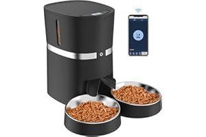 WELLTOBE Automatic Cat Feeder, Smart Pet Food Dispenser with APP Control, WiFi Enabled Automatic Feeder for Dogs & Cats, Double Stainless Steel Bowls,6 Meals Portion Control and Voice Recording (S36D-B)