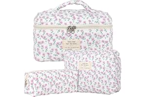 KOMABLEN 3pcs Reise Kosmetiktasche Set Damen, Baumwolle Kulturbeutel Set Gesteppte Kulturtasche Mit Blumenmuster, Make Up Bag Aesthetic Schminktasche Cosmetic Bag für Kinder