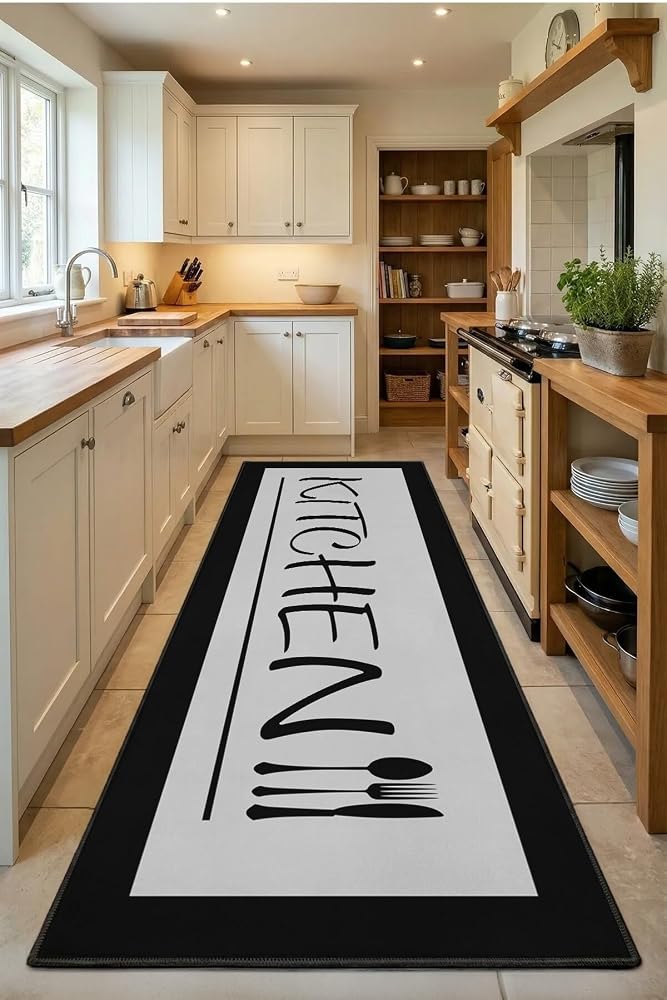 Monnhein Gri Siyah Mutfak Halısı Kitchen - Yıkanabilir, Kaymaz Taban, Dijital Baskılı, Leke Tutmaz, Tezgah Önü Paspası, Modern Salon ve Yaşam Alanları için Dekoratif İnce Hav