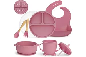 MOJINL Silicone Baby Crockery Set, Non-Slip Children's Crockery Set with Suction Cup, 7 Pieces, BPA-Free Learning to Eat Cutlery Sets with Spoon, Fork, Bowl, Bib, Baby Cup, Drinking Cup and Plate with