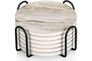 LIFVER Coasters Set of 6 - Marble Ceramic With Holder and Cork Base for Women Men, Various Cups, Tables & Home Decor, 4''