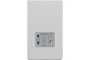 Knightsbridge Screwless Shaver Socket with Dual USB A+C (5V DC 2.4A Shared) - Brushed Chrome with Grey Insert