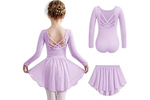 Arshiner Abbigliamento da Balletto per Ragazze 2-10 Anni Abito da Balletto a Maniche Lunghe Abito da Ballo in Cotone per Bambini in Due Pezzi Body da Balletto Senza Schienale con Abito Tutu