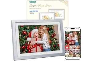APVEELVEER Frameo Cornice Digitale Foto Argento WiFi 10.1" Portafoto Digitale, Memoria da 32 GB, Schermo Touch IPS HD 1280 * 800, Condividi Foto Video Tramite l'app Frameo da Remoto, Regalo da Donna Uomo