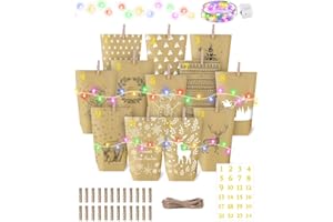 GRANDFUN Papiertüten Adventskalender Tüten zum Selber Befüllen : +Lichterkette DIY Adventskalender zum Befüllen Kinder Machen Weihnachtskalender Adventstüten Weihnachtstüten Kalender Basteln