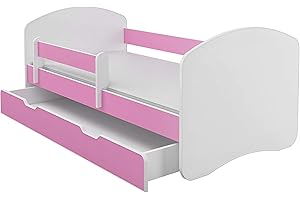 ‎ACMA ACMA Kinderbett Jugendbett mit Einer Schublade und Matratze Weiß II (160x80 cm + Schublade, Rosa)