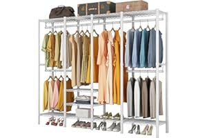 KZOBYD Kleiderständer, Garderobenständer mit 6 Höhenverstellbaren Regalböden, Kleiderstange mit 4 Hängefächer, viel Platz, für Schlafzimmer, Wohnzimmer (Weiß)