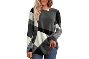 Nuoke Jumpers for Women UK 2025 Autumn Winter Fleece Tops Ladies Casual Long Sleeve Crewneck Pctchwork Printed Pullover Trendy Geometric Print Blouse Ladies Elegant Sweater