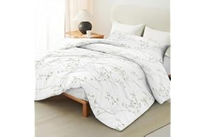 Artecreativa Funda Nórdica Cama 105, 3 Piezas - Funda Nórdica Estampado 180X220cm + Bajera Ajustable 105X200+25cm + Funda Almohada 1UNIDAD 45X105cm, Color ramitas Verde sobre Fondo Blanco