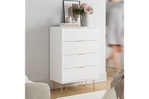 HEYZOEY Kommode Weiß, Sideboard mit 4 Schubladen, 34x60x91cm, Holz Schubladenschrank mit Gold Bein, Modern Boho Beistellschrank für Schlafzimmer, Flur, Wohnzimmer, Weiss