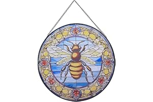 Payutou Hanging Stained Glass for Windows,20cm/7.87inch Bee Hand-Painted Glass Panel Window Hanging Suncatchers Christmas Ornaments Home Courtyard Decor,Housewarming Gift (Style C)
