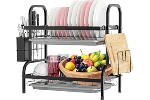Mointal Escurreplatos, Escurridero Acero al Carbono de 2 Niveles Que Ahorra Espacio, Soporte para Platos de Cocina con Cuchillero de Utensilios, Estante para Tabla de Cortar, Bandejas de Goteo, Negro